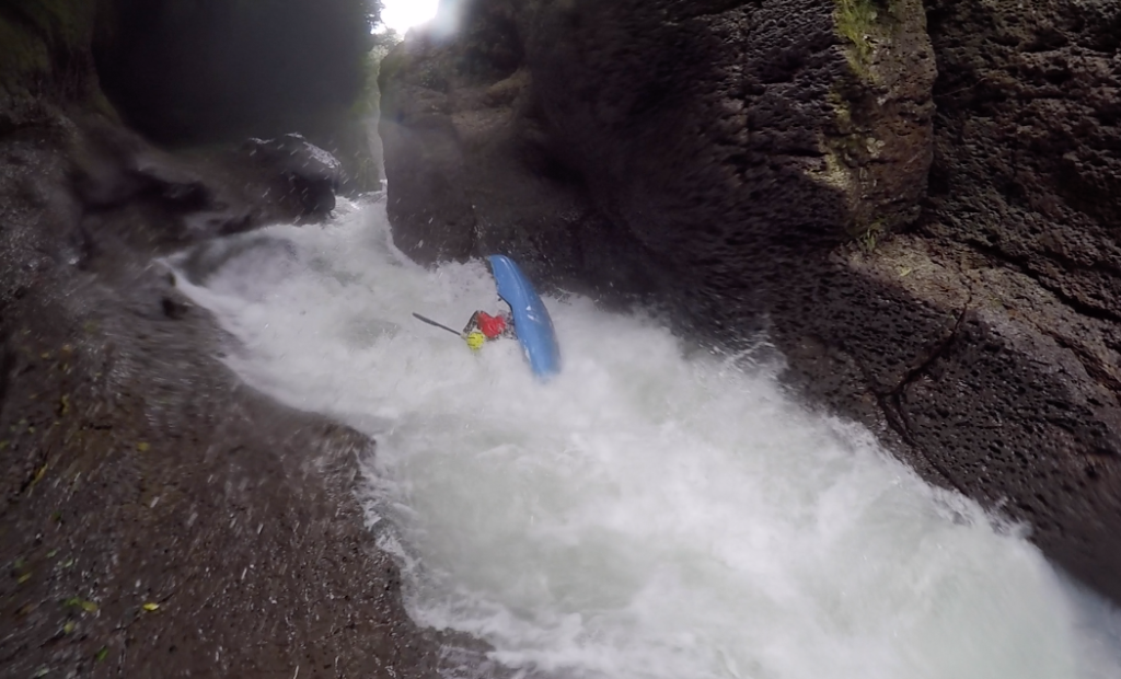 French rider Kevin Monlezun getting back looped in the rapid leading to Tomata 2 on the Alseseca in Mexico.