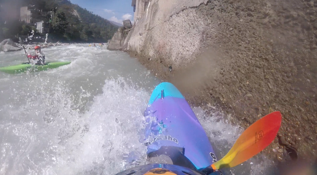 Matt Wilkinson wall grinding the Bothe Kosi in Nepal.