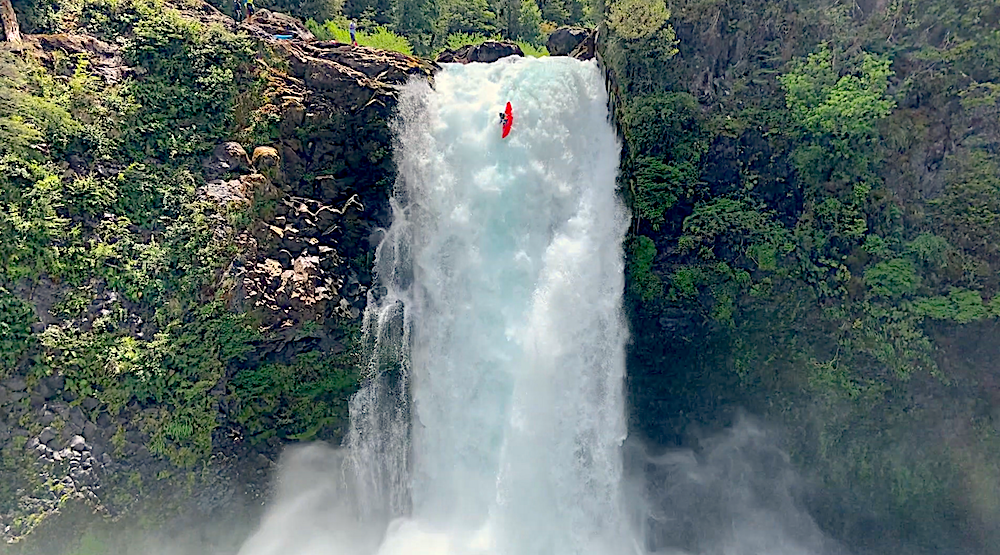 Chilean ripper Santiago Sandoval kayaking Pumla Falls on the Rio Fuy in Chile.