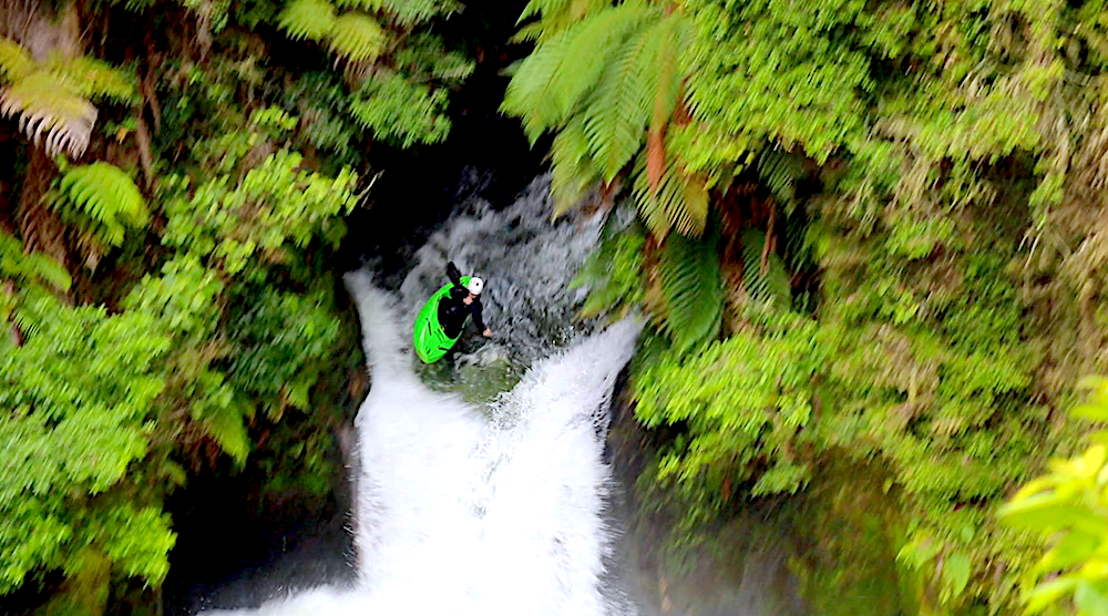 New Zealand kayaker Jan Rohrer paddles a waterfall in his kayak on the Kaituna near Rotorua on New Zealand's north island.